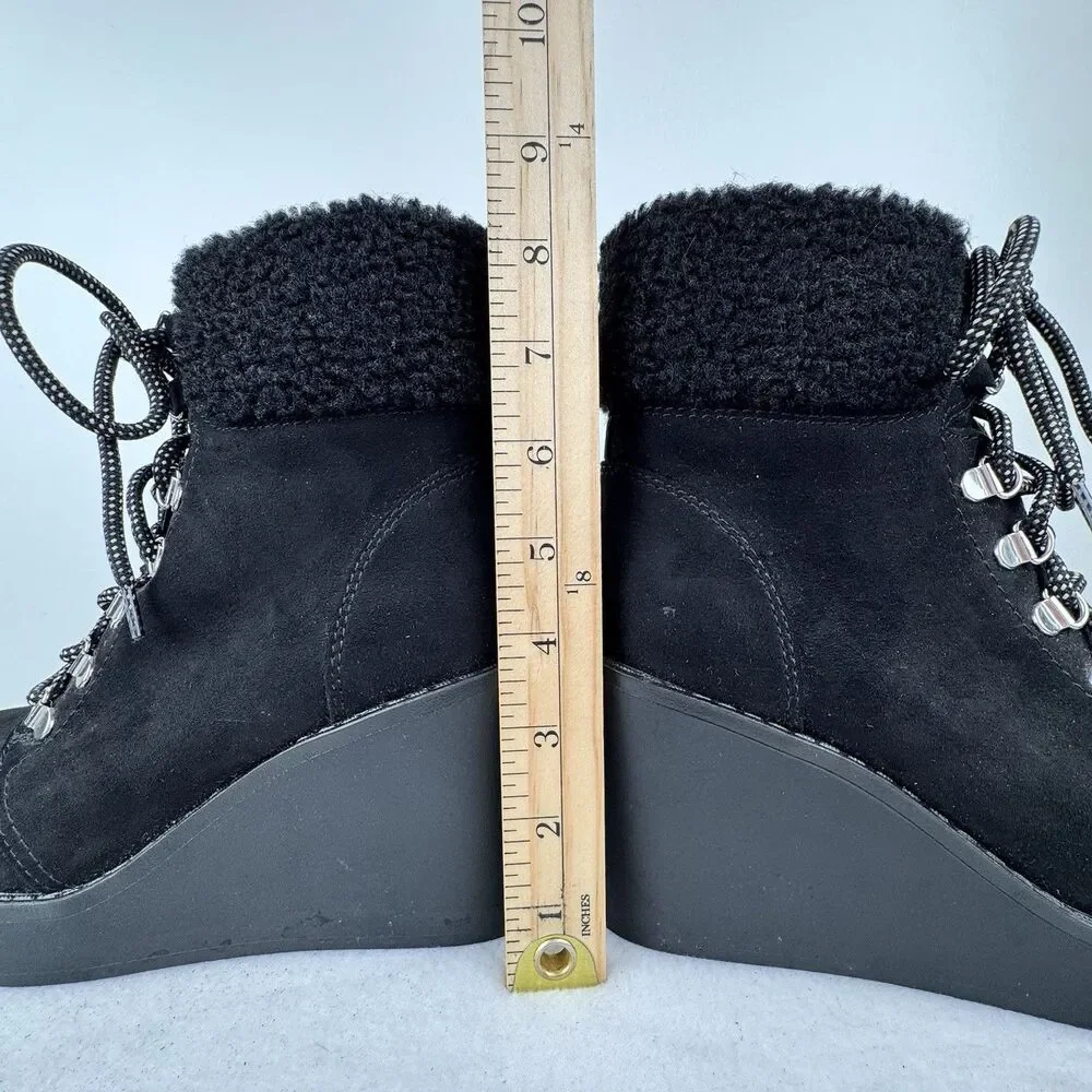 Esprit Roxy Womens Suede Wedge Faux Fur Ankle Bootie 7M‎ Black Lace Up Cozy